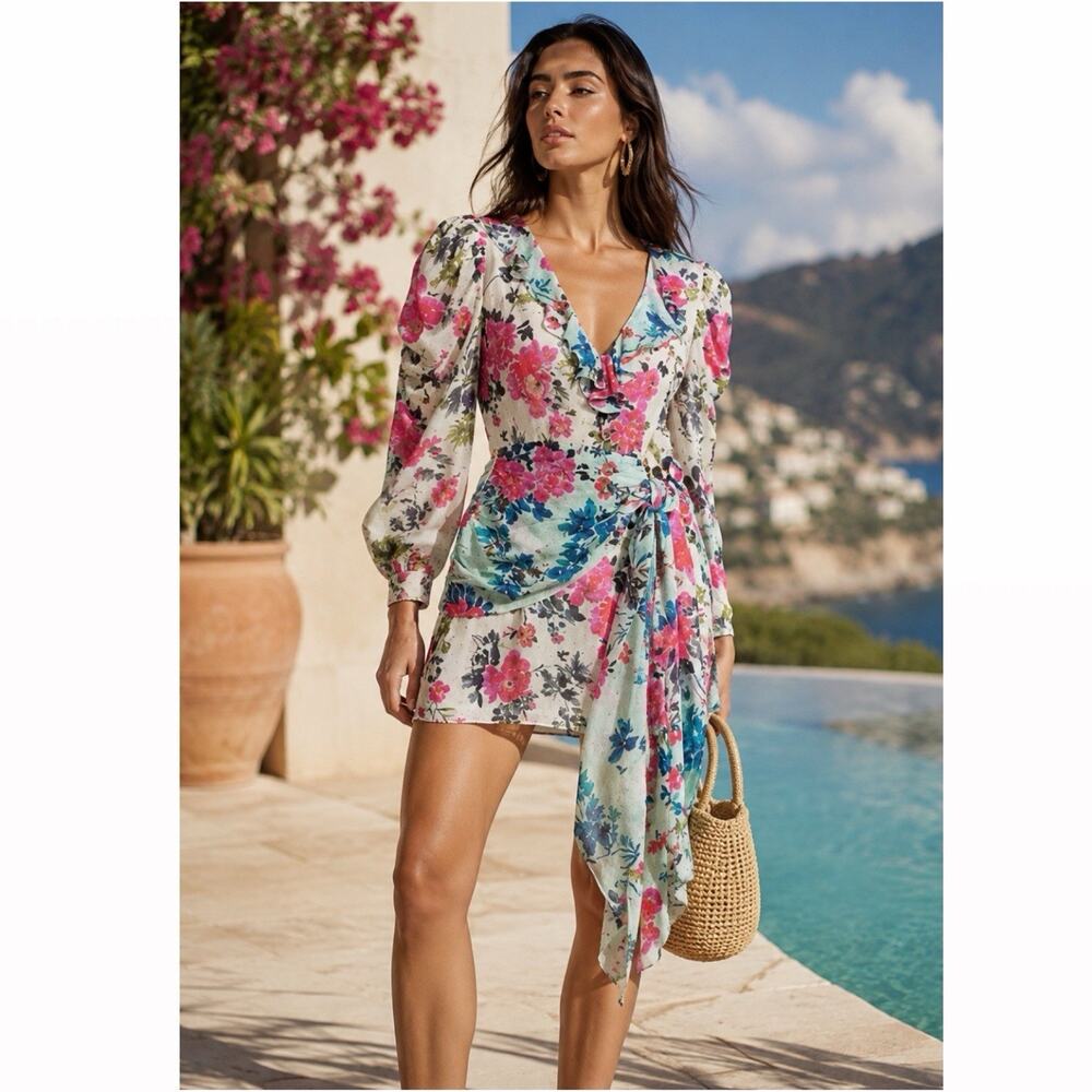 Rococo Sand Xandra Tropical Floral Draped Mini Dress NWT Size Small Resort wear